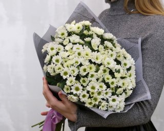 Букет из 25 белых кустовых хризантем Сантини в упаковке
