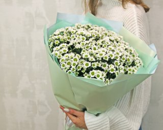 Букет из 25 белых кустовых хризантем Сантини в стильной упаковке