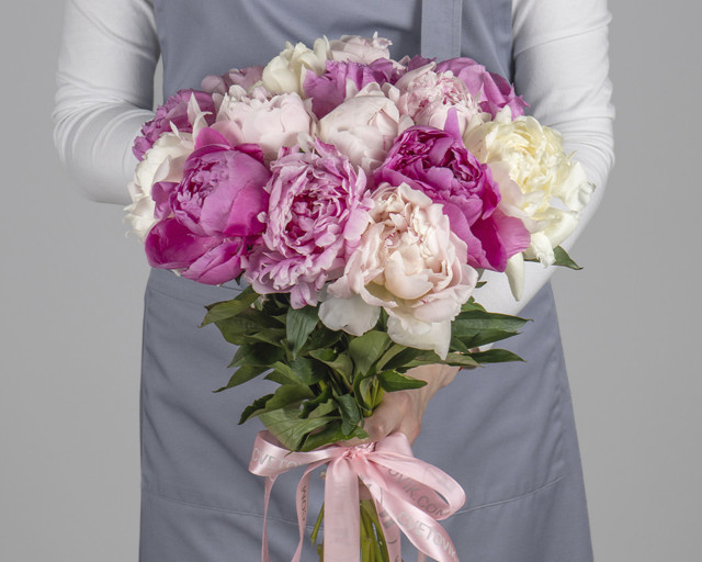 Букет из пионов микс (Сара Бернар) под ленту   15 шт - 1