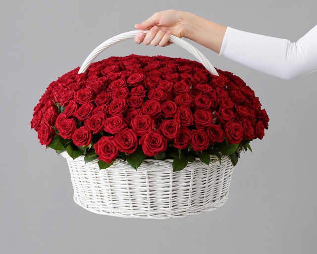 Корзина цветов из 201 розы 50-60 см (Россия)  - 1